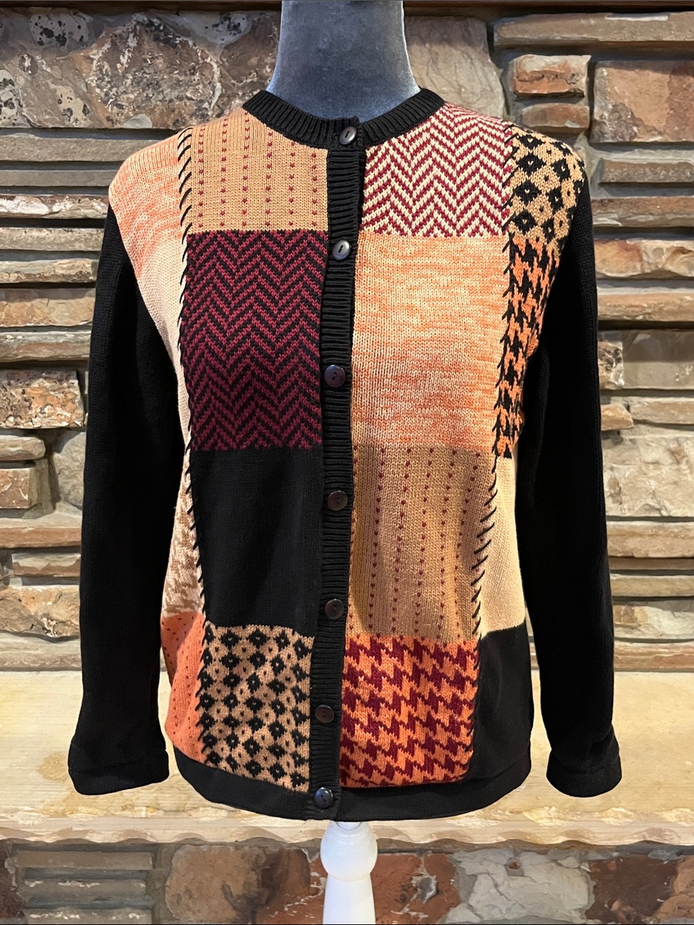 Vintage Tabi International Fall Color Patchwork Knit Cotton Cardigan Sweater